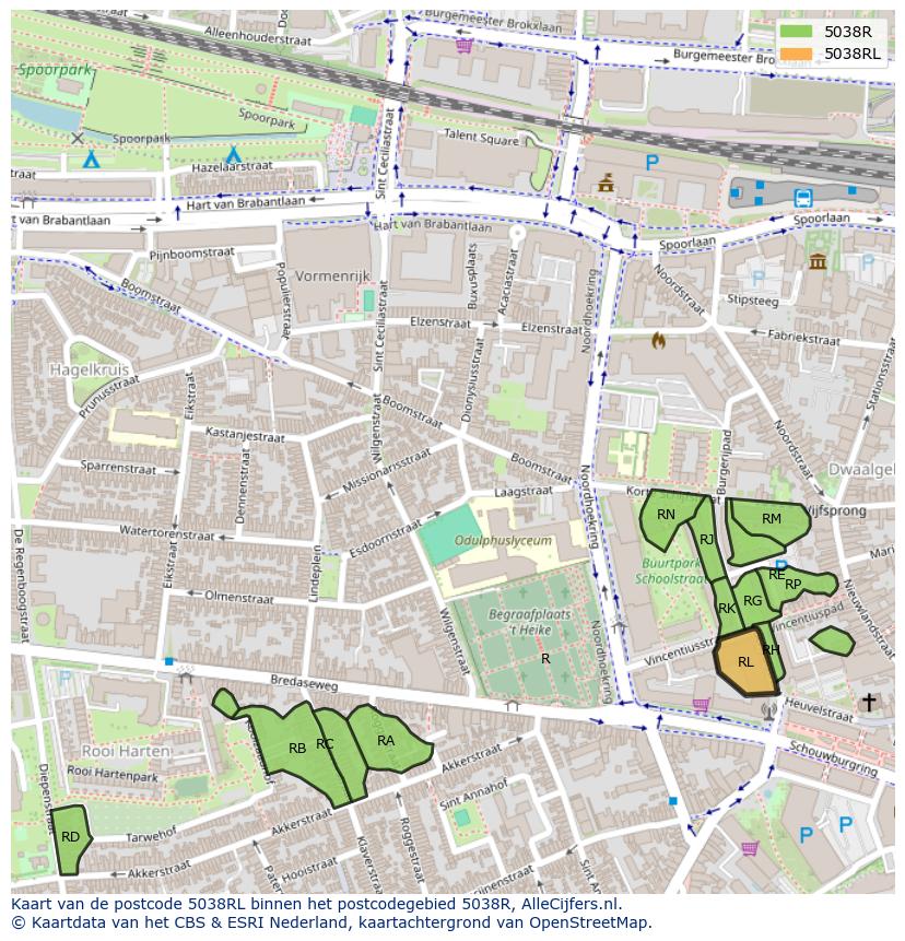 Afbeelding van het postcodegebied 5038 RL op de kaart.