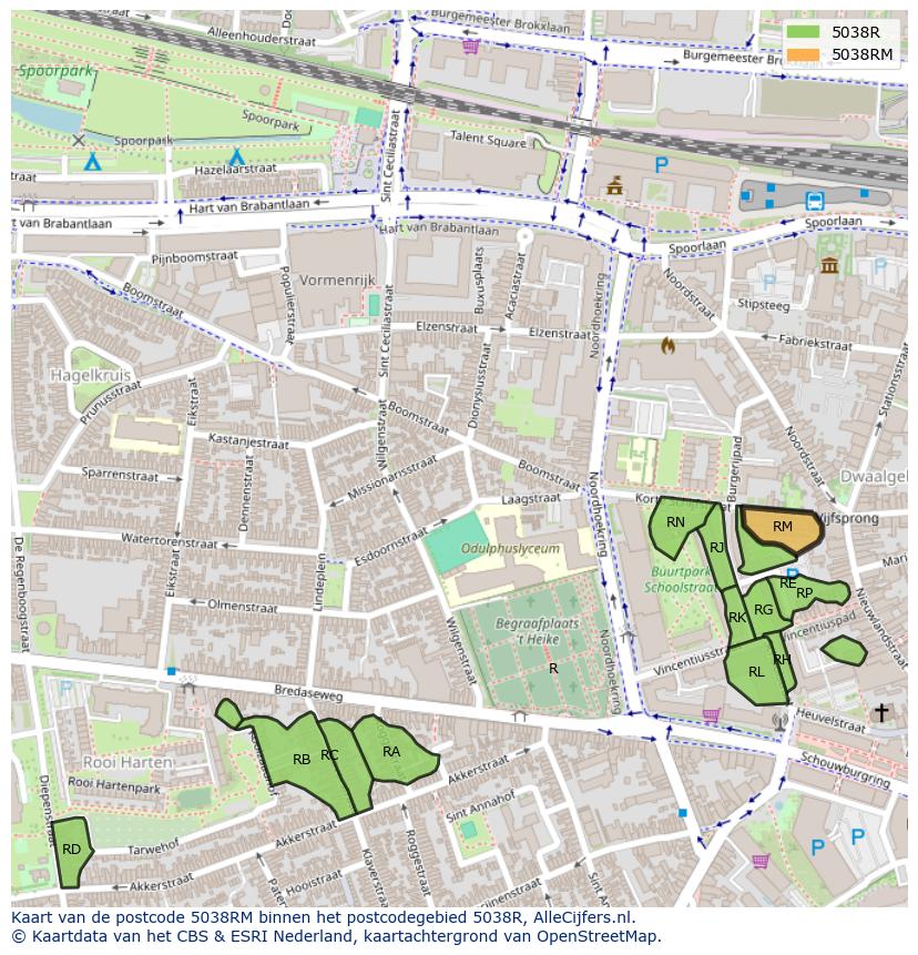 Afbeelding van het postcodegebied 5038 RM op de kaart.