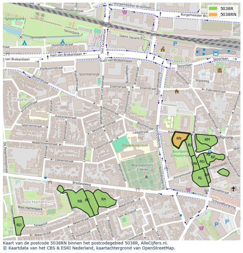 Afbeelding van het postcodegebied 5038 RN op de kaart.