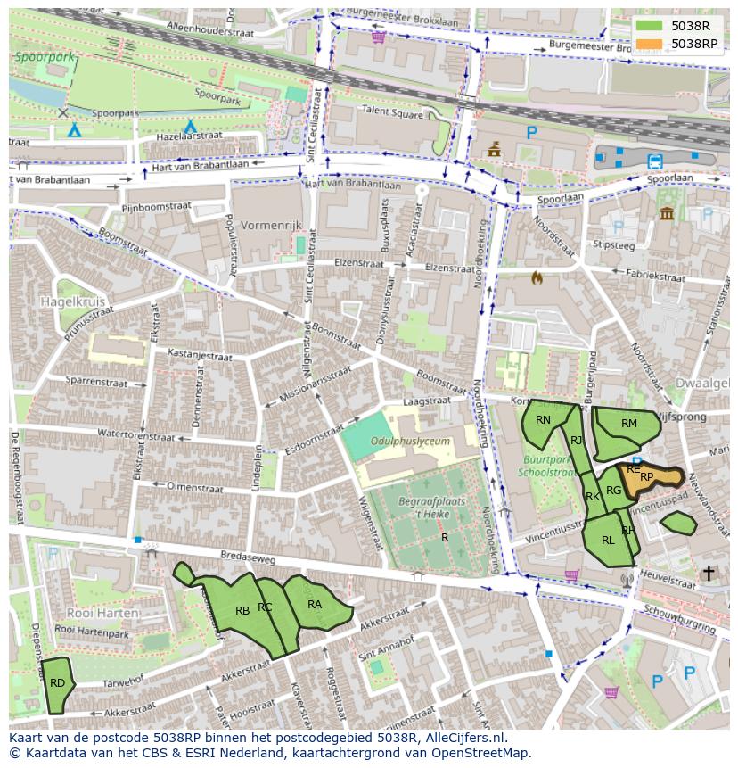 Afbeelding van het postcodegebied 5038 RP op de kaart.