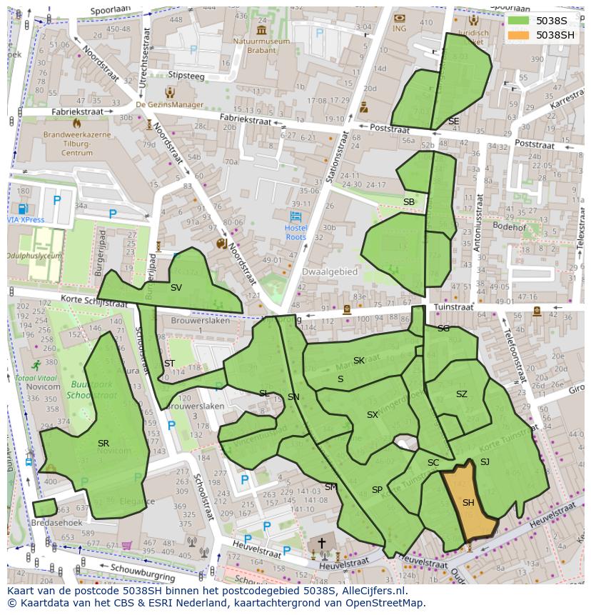 Afbeelding van het postcodegebied 5038 SH op de kaart.