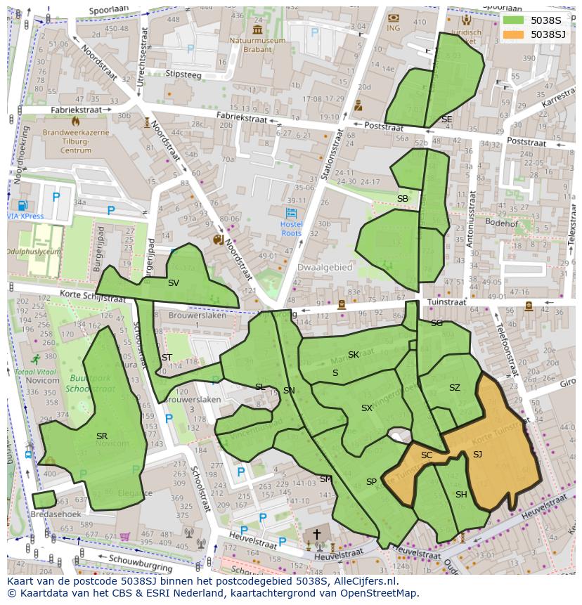 Afbeelding van het postcodegebied 5038 SJ op de kaart.