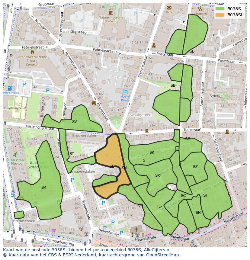 Afbeelding van het postcodegebied 5038 SL op de kaart.