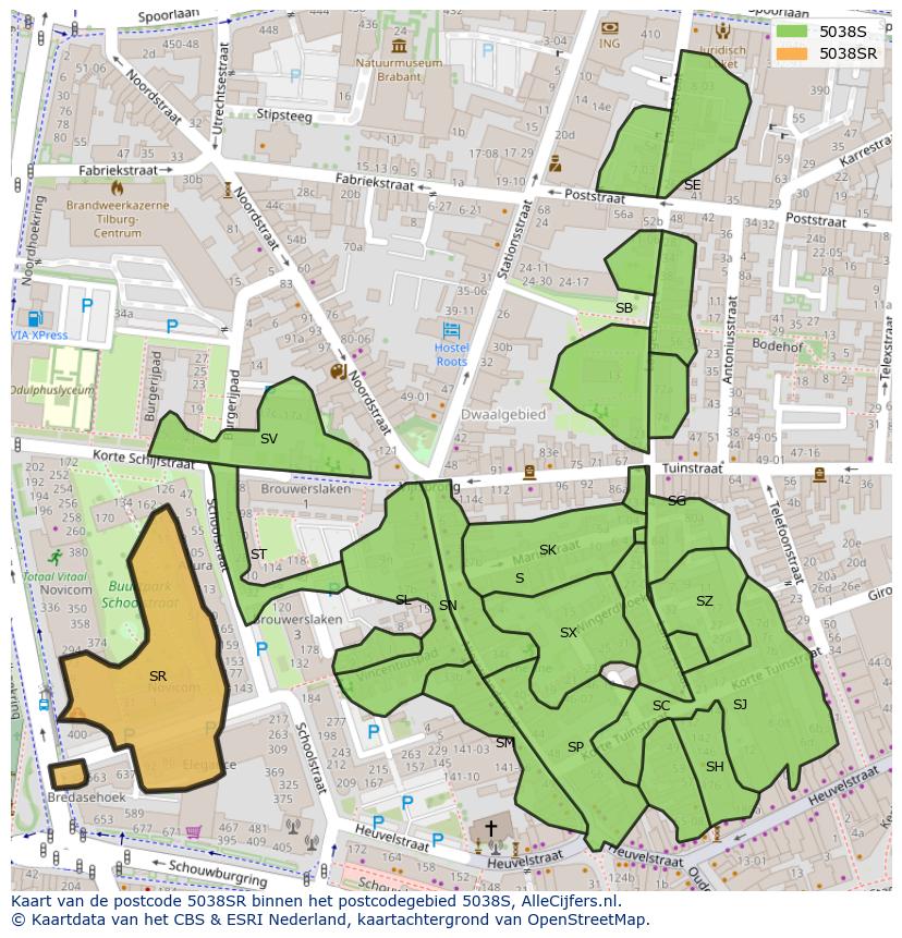 Afbeelding van het postcodegebied 5038 SR op de kaart.
