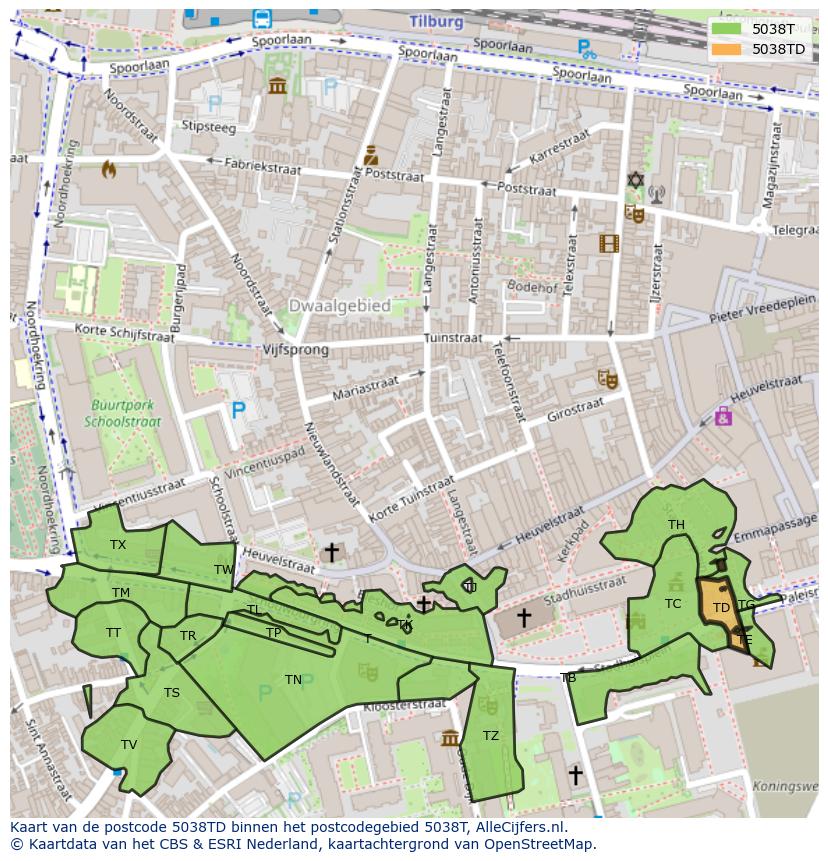 Afbeelding van het postcodegebied 5038 TD op de kaart.