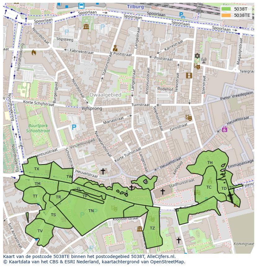 Afbeelding van het postcodegebied 5038 TE op de kaart.