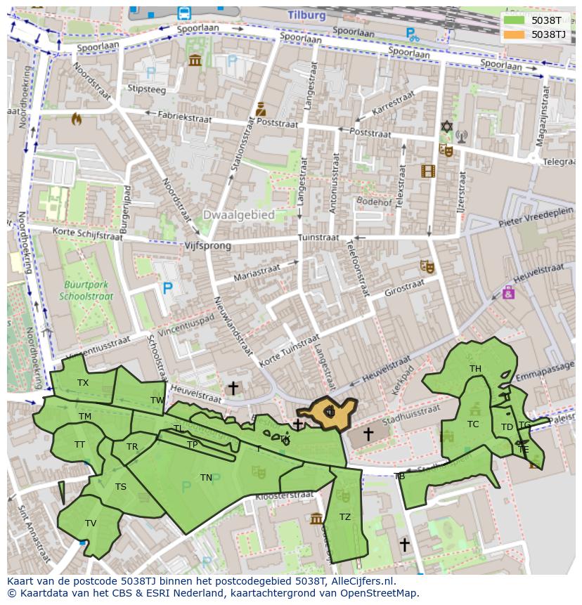 Afbeelding van het postcodegebied 5038 TJ op de kaart.