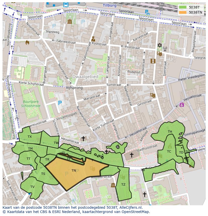Afbeelding van het postcodegebied 5038 TN op de kaart.
