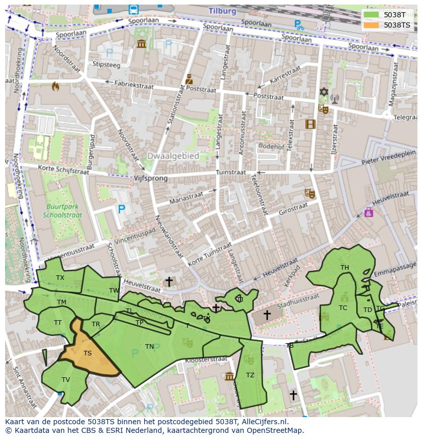 Afbeelding van het postcodegebied 5038 TS op de kaart.