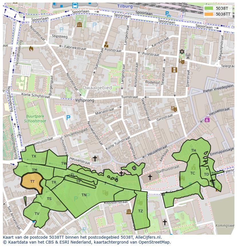 Afbeelding van het postcodegebied 5038 TT op de kaart.