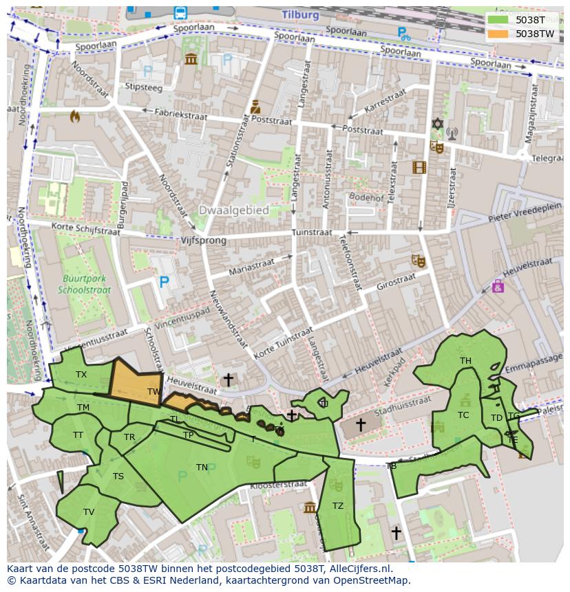 Afbeelding van het postcodegebied 5038 TW op de kaart.