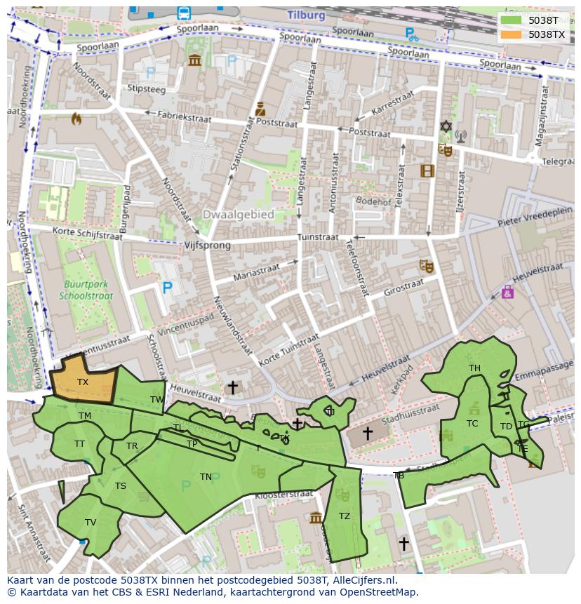 Afbeelding van het postcodegebied 5038 TX op de kaart.