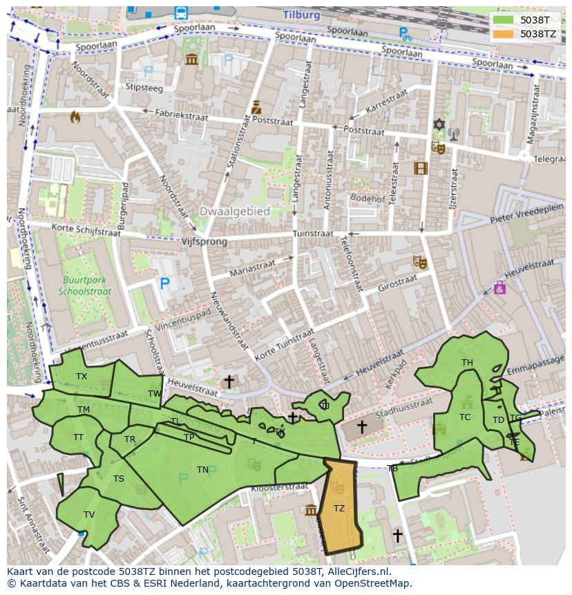 Afbeelding van het postcodegebied 5038 TZ op de kaart.