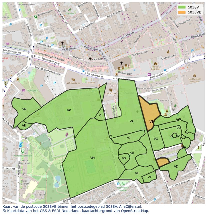 Afbeelding van het postcodegebied 5038 VB op de kaart.