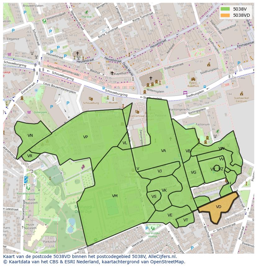 Afbeelding van het postcodegebied 5038 VD op de kaart.