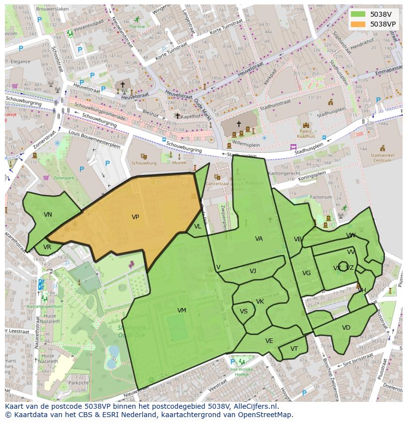 Afbeelding van het postcodegebied 5038 VP op de kaart.