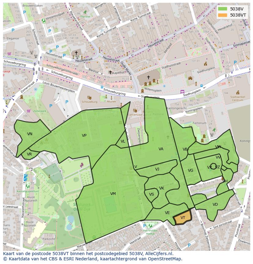 Afbeelding van het postcodegebied 5038 VT op de kaart.