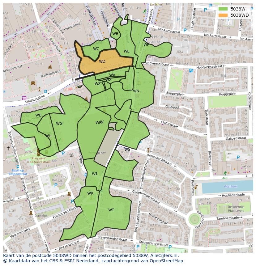 Afbeelding van het postcodegebied 5038 WD op de kaart.