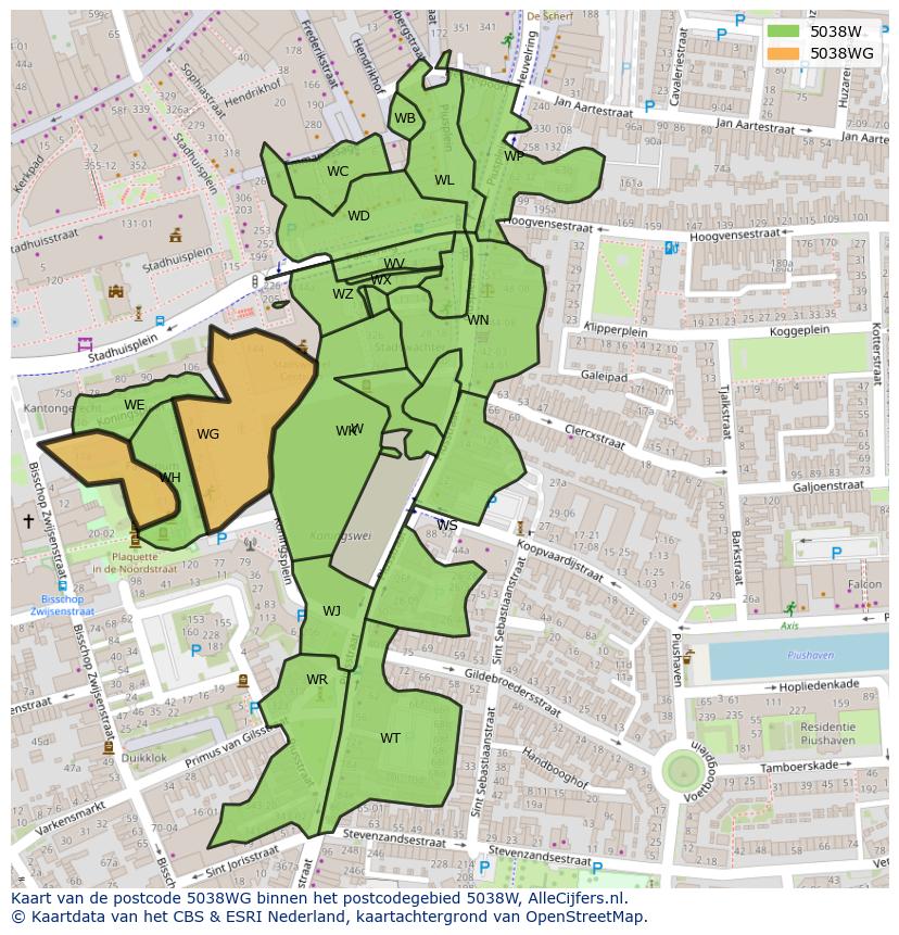 Afbeelding van het postcodegebied 5038 WG op de kaart.