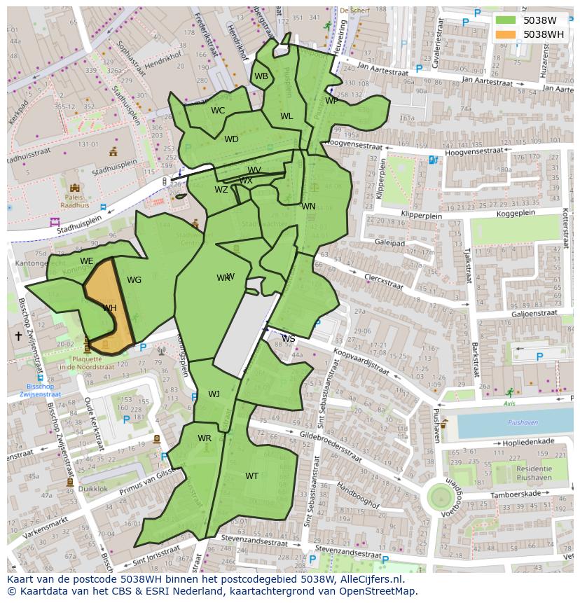 Afbeelding van het postcodegebied 5038 WH op de kaart.