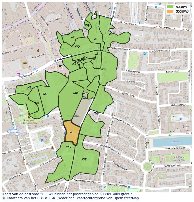 Afbeelding van het postcodegebied 5038 WJ op de kaart.