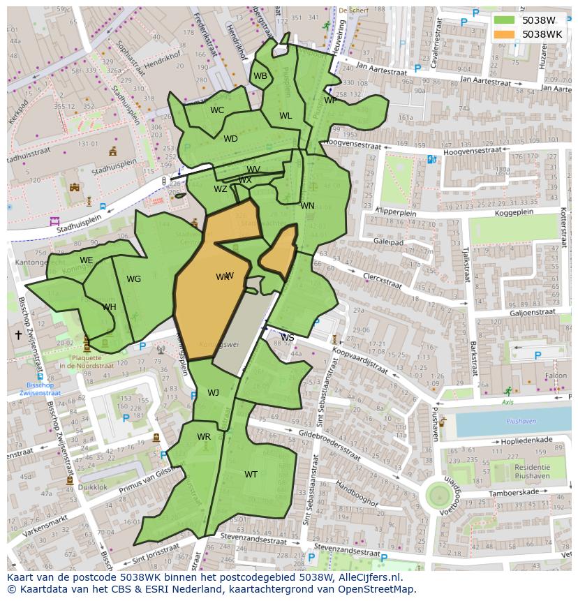 Afbeelding van het postcodegebied 5038 WK op de kaart.