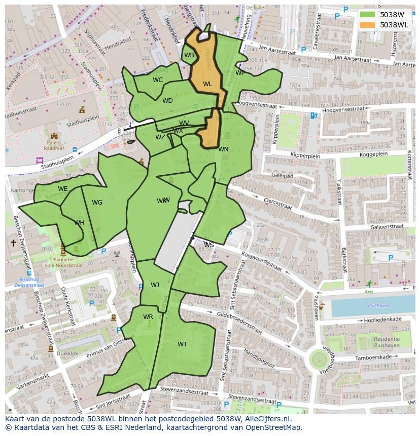 Afbeelding van het postcodegebied 5038 WL op de kaart.