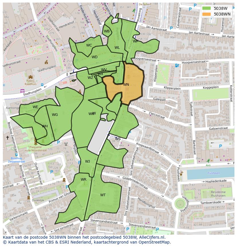 Afbeelding van het postcodegebied 5038 WN op de kaart.
