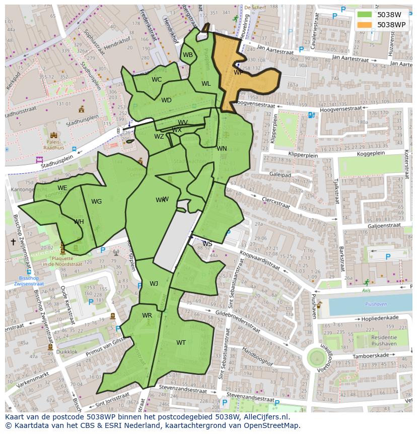 Afbeelding van het postcodegebied 5038 WP op de kaart.
