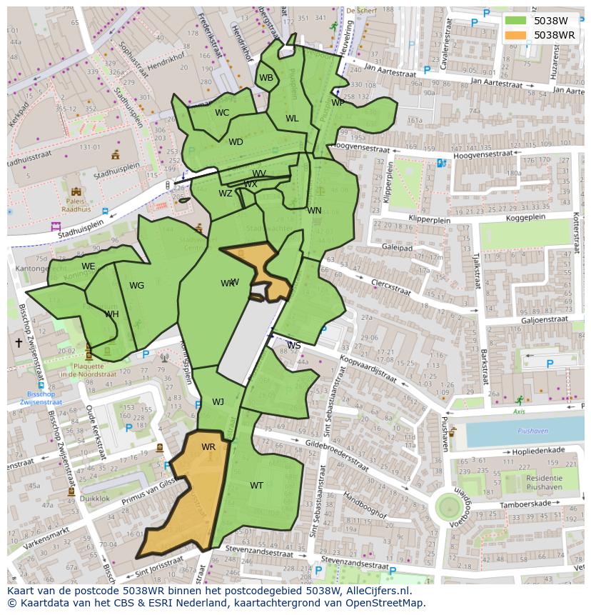 Afbeelding van het postcodegebied 5038 WR op de kaart.