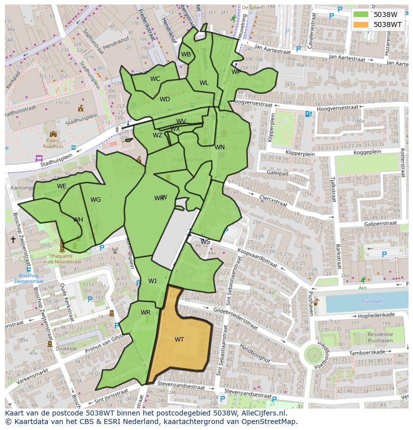 Afbeelding van het postcodegebied 5038 WT op de kaart.