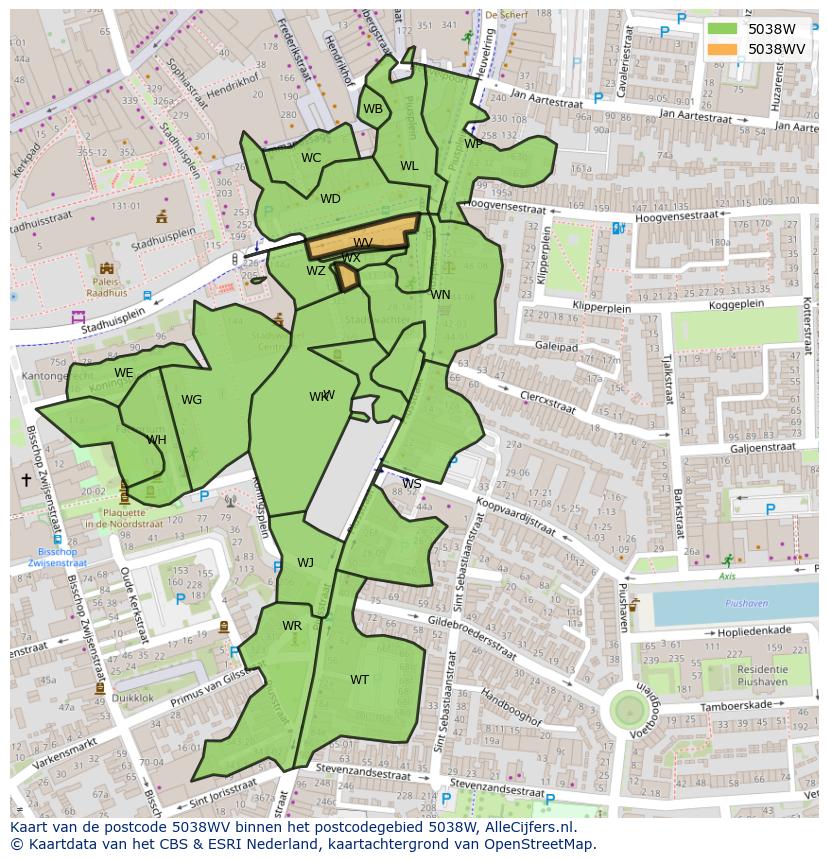 Afbeelding van het postcodegebied 5038 WV op de kaart.