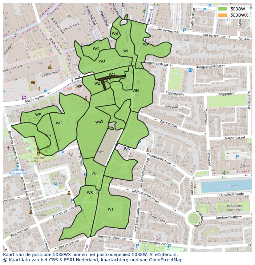 Afbeelding van het postcodegebied 5038 WX op de kaart.