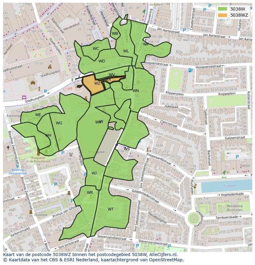 Afbeelding van het postcodegebied 5038 WZ op de kaart.