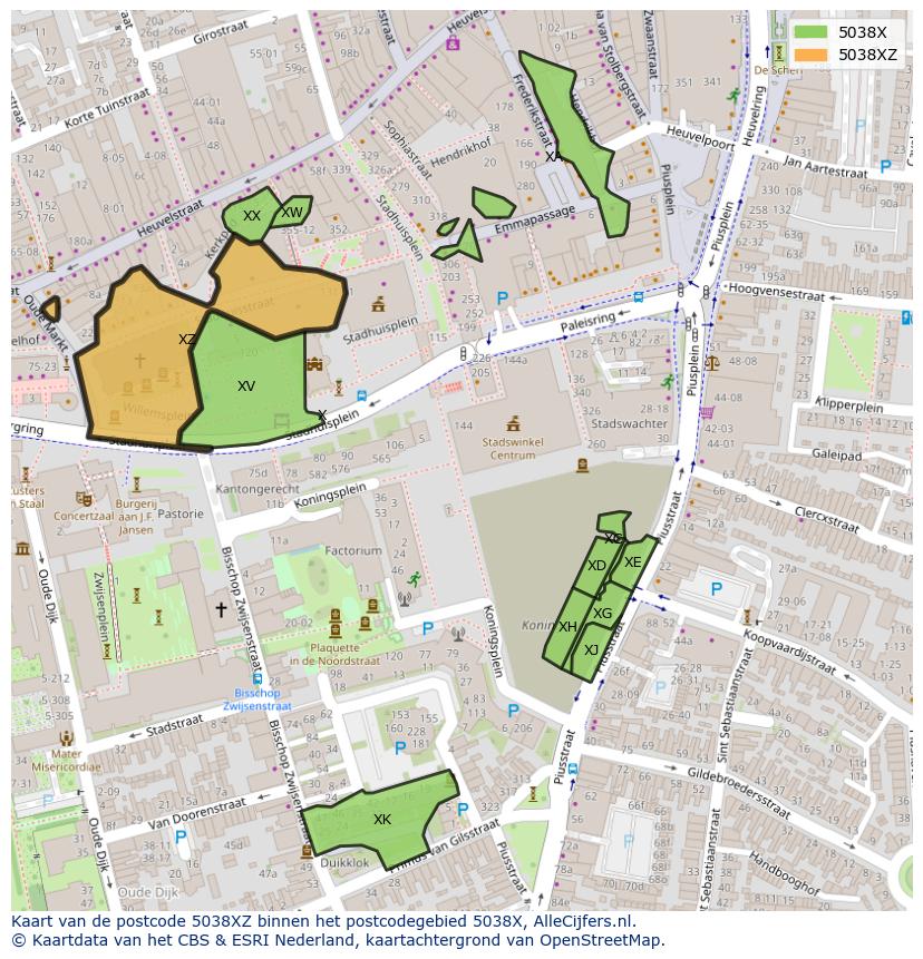 Afbeelding van het postcodegebied 5038 XZ op de kaart.