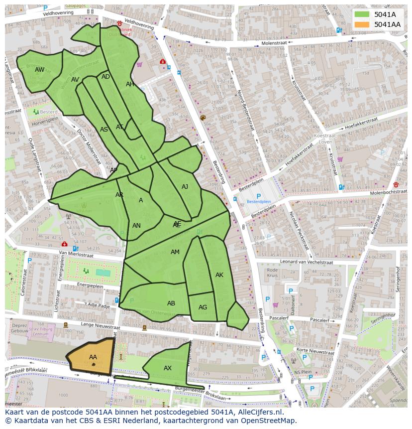 Afbeelding van het postcodegebied 5041 AA op de kaart.