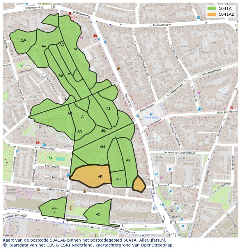 Afbeelding van het postcodegebied 5041 AB op de kaart.