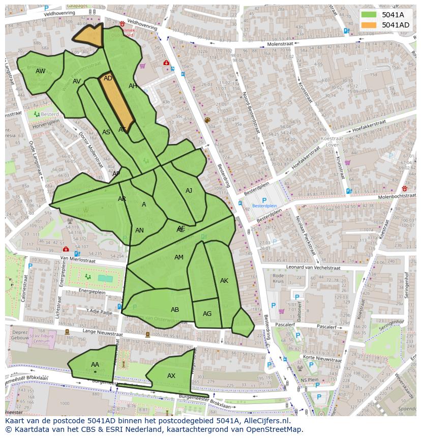 Afbeelding van het postcodegebied 5041 AD op de kaart.