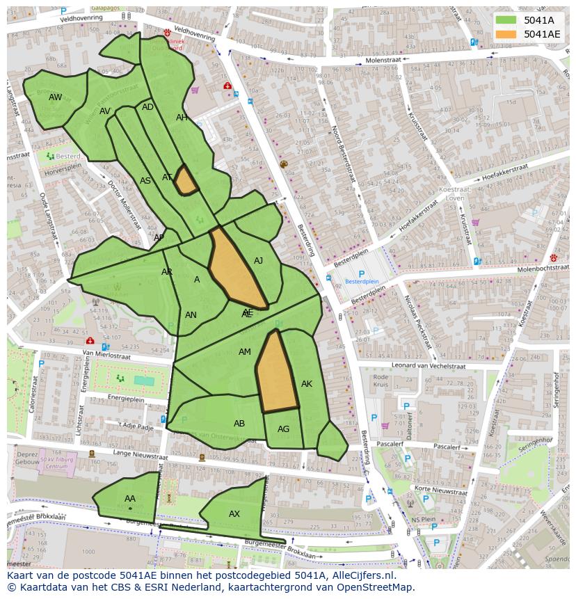 Afbeelding van het postcodegebied 5041 AE op de kaart.