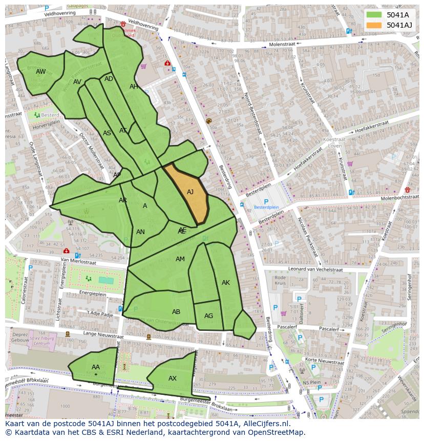 Afbeelding van het postcodegebied 5041 AJ op de kaart.