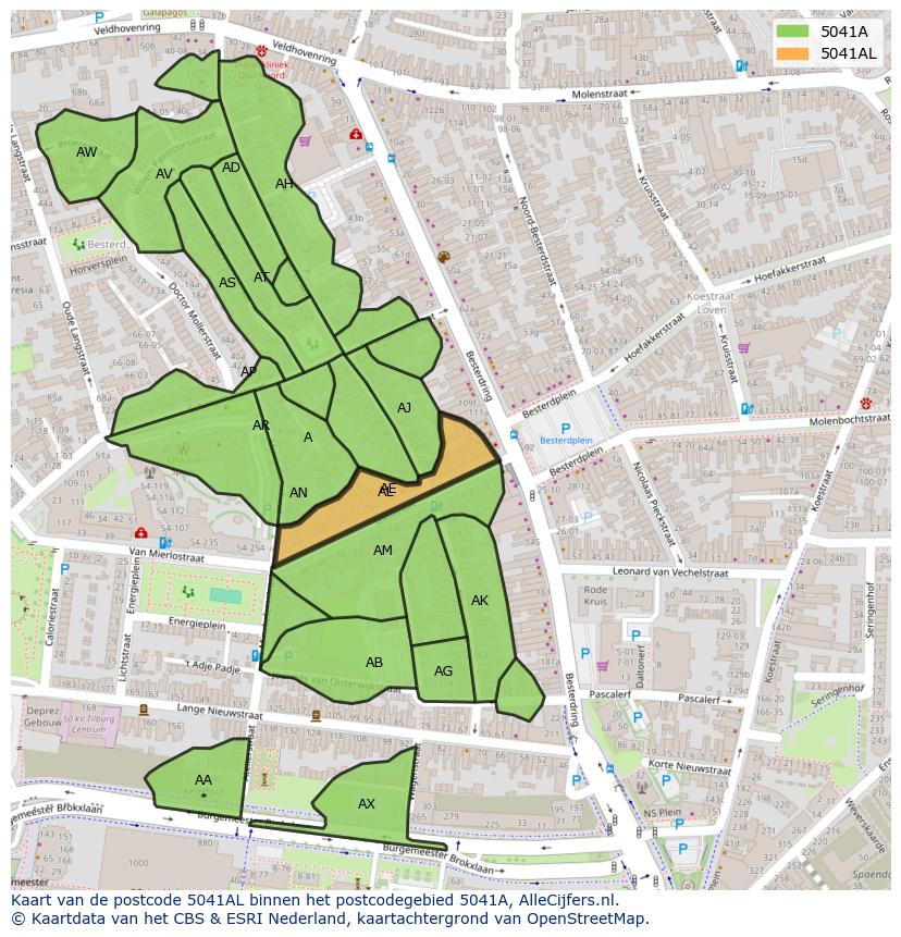 Afbeelding van het postcodegebied 5041 AL op de kaart.