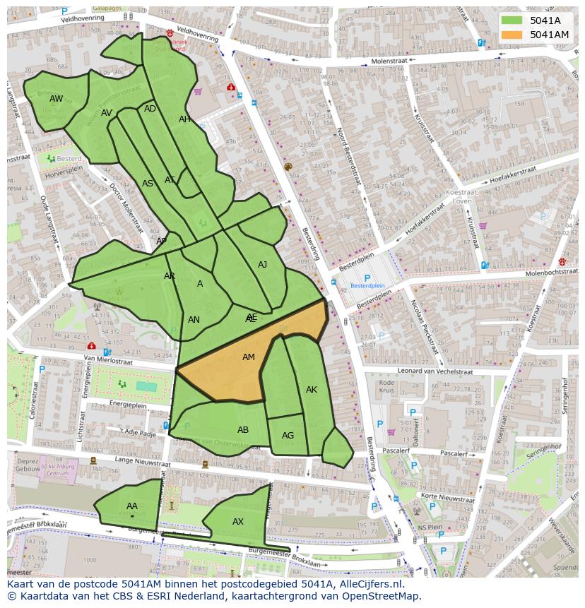 Afbeelding van het postcodegebied 5041 AM op de kaart.