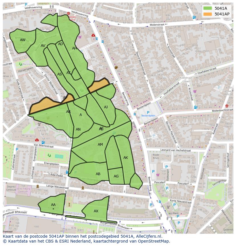 Afbeelding van het postcodegebied 5041 AP op de kaart.