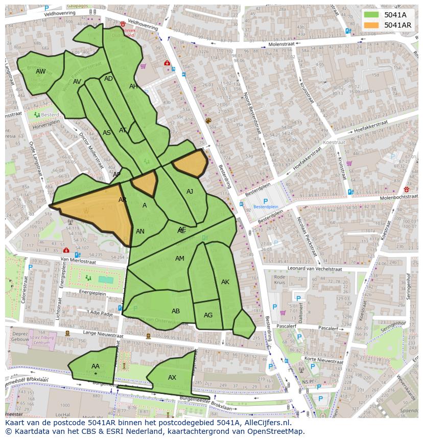 Afbeelding van het postcodegebied 5041 AR op de kaart.