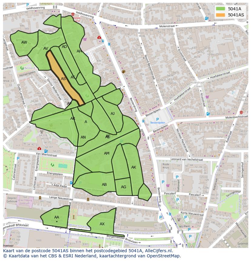 Afbeelding van het postcodegebied 5041 AS op de kaart.