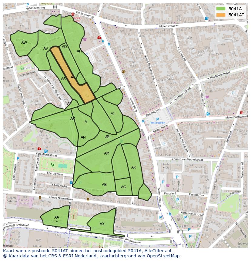 Afbeelding van het postcodegebied 5041 AT op de kaart.