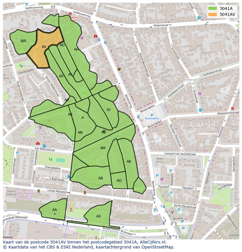 Afbeelding van het postcodegebied 5041 AV op de kaart.