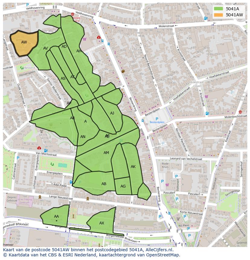 Afbeelding van het postcodegebied 5041 AW op de kaart.