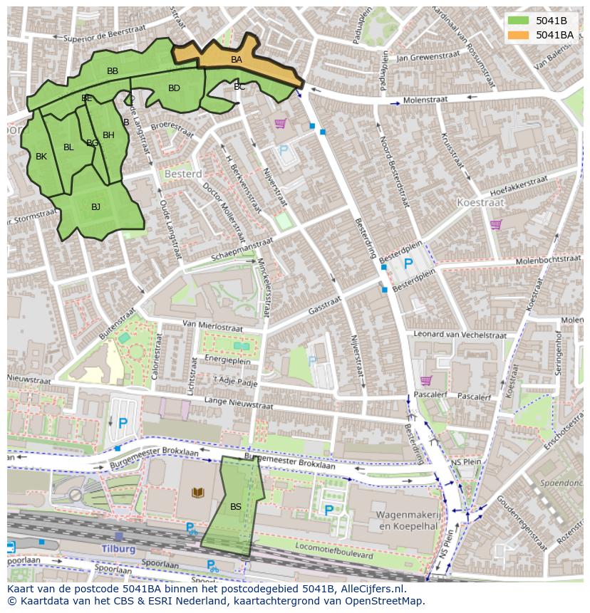 Afbeelding van het postcodegebied 5041 BA op de kaart.