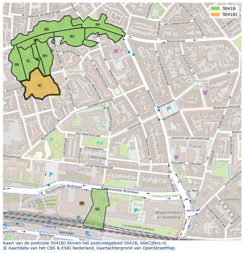 Afbeelding van het postcodegebied 5041 BJ op de kaart.